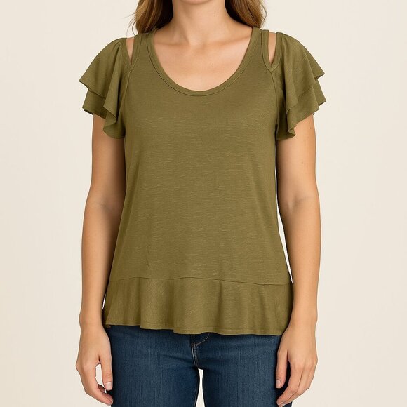 Chaser Moss Green Cold Shoulder Flutter Sleeve Linen Tee Shirt M NWT - Picture 1 of 6